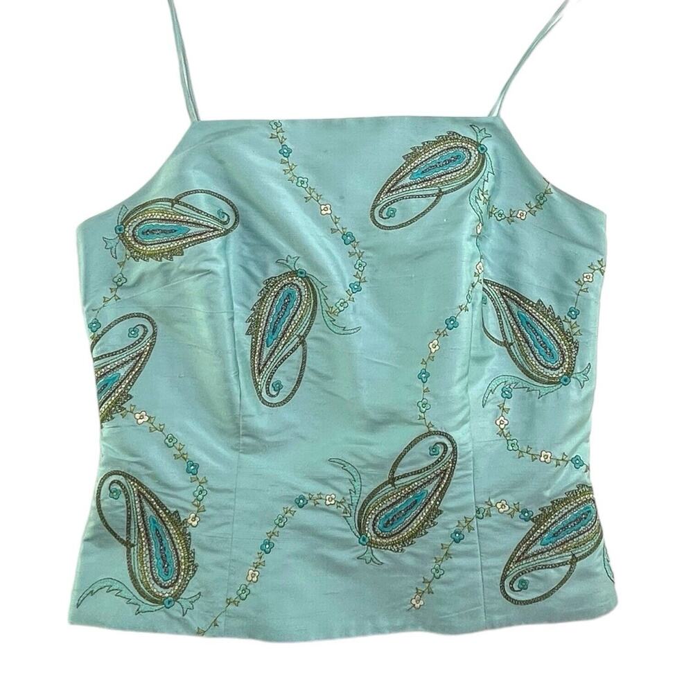 Ann Taylor Light Aqua Paisley Embroidered Spaghetti Strap Top